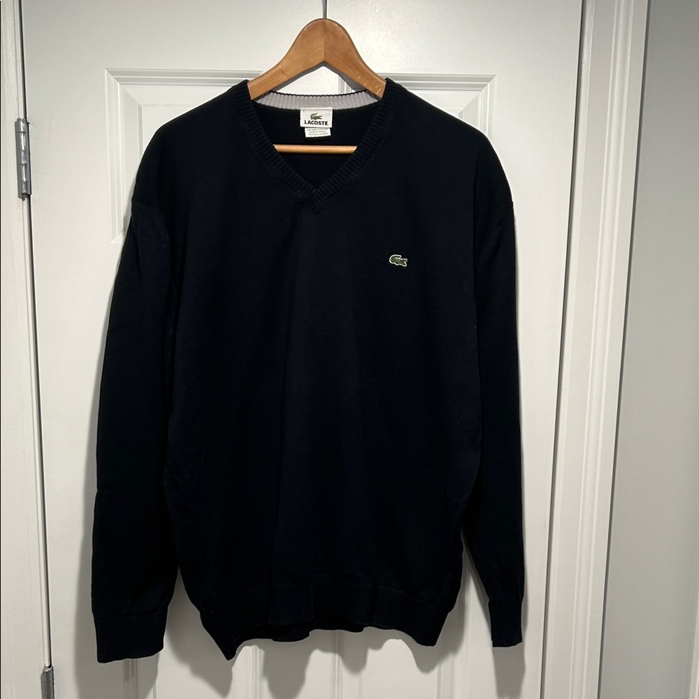 Lacoste Men's Black V-Neck Sweater with Green Crocodile